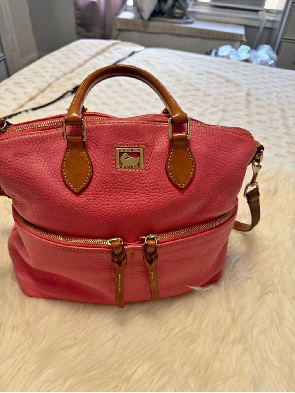 Dooney & Bourke Pink Pebble Leather Satchel with Tan Trim